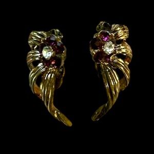Vintage Gold Tone with Purple/Red/Clear Rhinestones Earrings 1.5" x 1